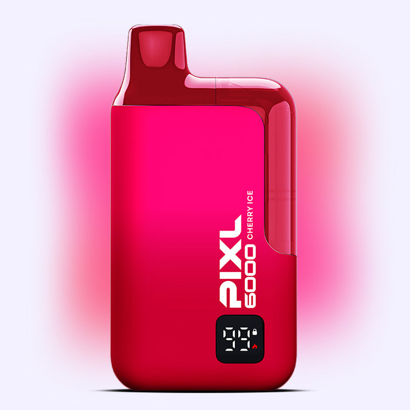 Cherry Ice PIXL 6000 vape, offering 6000 puffs with a blend of cherry and menthol flavors, on a light pink background.