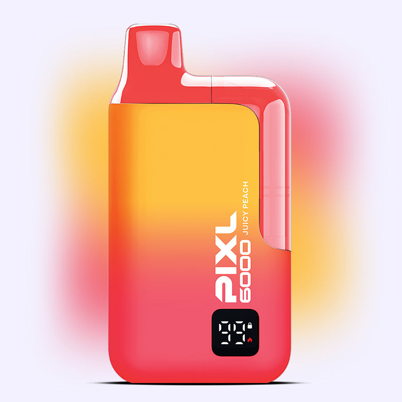 Juicy Peach PIXL 6000 disposable vape with bold flavor and 6000 puffs, featuring vibrant packaging and a sleek design.