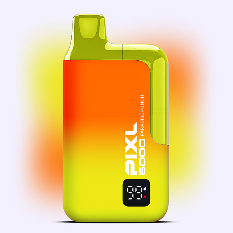 Paradise Punch PIXL 6000 vape with tropical flavors, 6000 puff capacity, and vibrant orange-yellow design