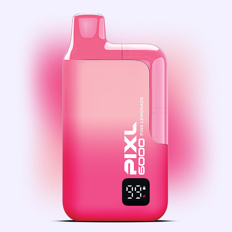 Pink Lemonade PIXL 6000 disposable vape featuring a pink design, 6000 puffs, zesty lemon and sweet berry flavor, perfect for summer.