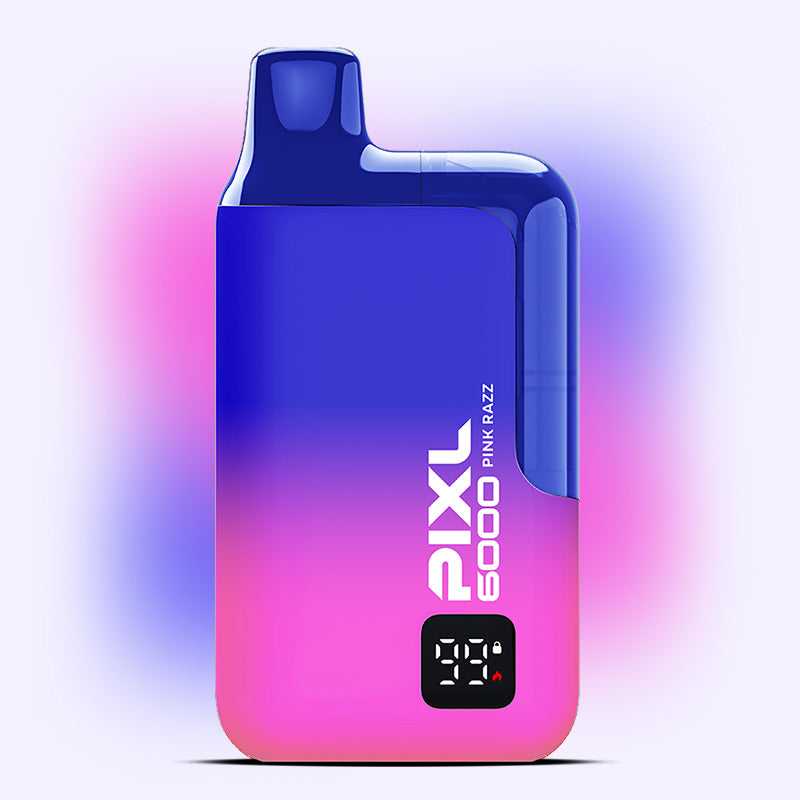 Pink Razz PIXL 6000 vape with gradient design, offering 6000 puffs of raspberry candy flavor, for a long-lasting experience.