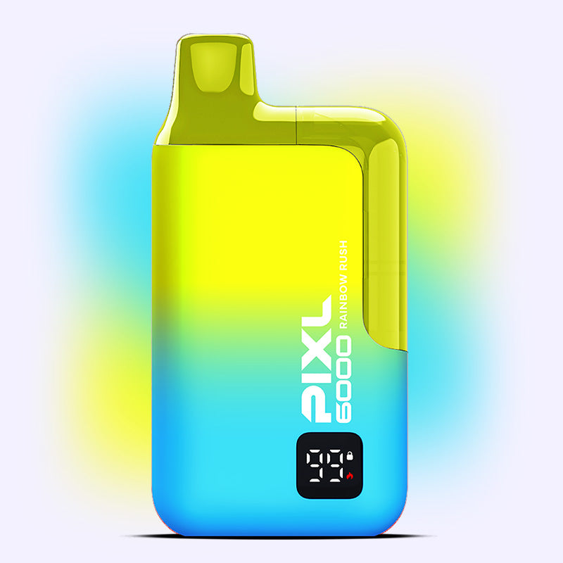 PIXL 6000 Rainbow Rush vape with vibrant blue and yellow design, offering a sweet, long-lasting candy experience with 6000 puffs.
