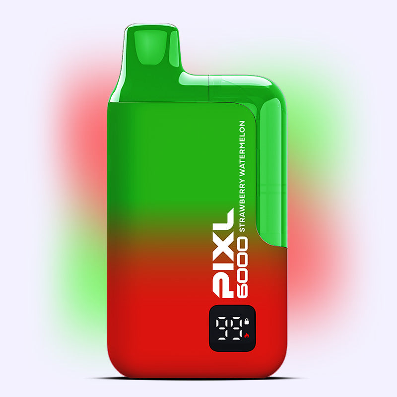 Strawberry Watermelon PIXL 6000 vape with 6000 puffs, featuring a red and green design for fruity satisfaction.