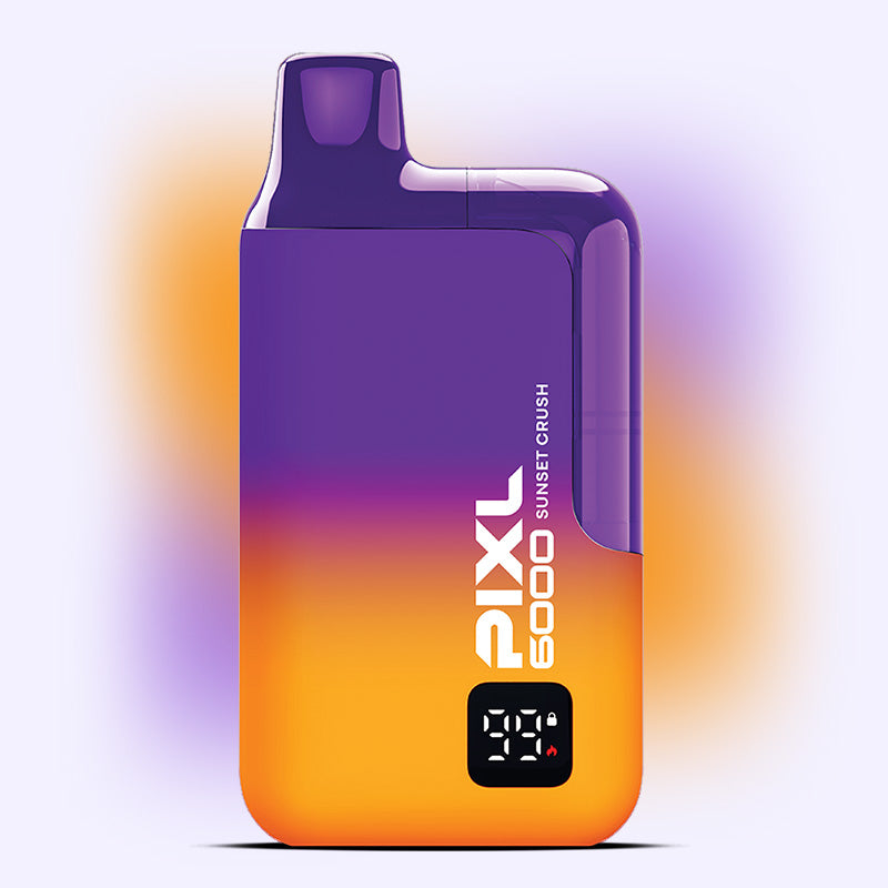 PIXL 6000 Sunset Crush disposable vape with tropical flavors of mango and passion fruit, featuring sleek design and 6000 puffs.