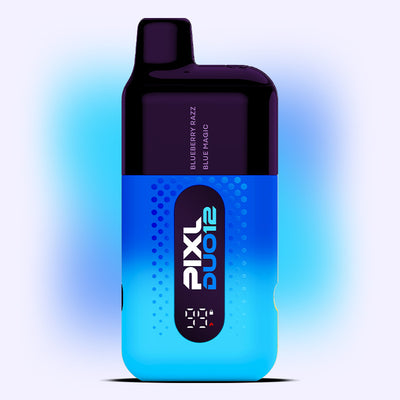 Blue Edition PIXL Duo Vape Kit with blueberry flavors, dual flavor switch, menthol hint, 6000 puffs, and clear battery display.