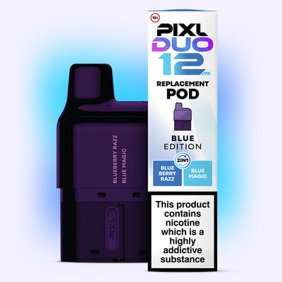 Blue Edition PIXL Duo Pod with Blueberry Razz and Blue Magic flavors, featuring dual flavor switch, 6000 puffs capacity, and 2ml prefilled pods.