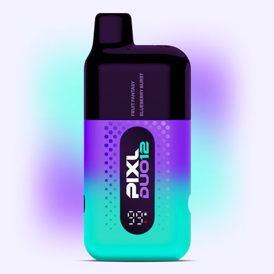 Fantasy Edition PIXL Duo vape with dual flavor switch, 6000 puffs, and clear battery display. Features Mixed Fruits and Blueberry Burst.
