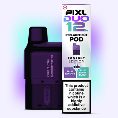 Fantasy Edition PIXL Duo Pod with dual flavour switch, 6000 puffs, featuring Mixed Fruits and Blueberry Burst. Inhale activated MTL vaping.