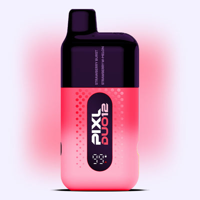 Strawberry Edition PIXL Duo vape kit featuring dual flavors, Strawberry Burst and Strawberry Watermelon. Inhale activated. 6000 puffs.
