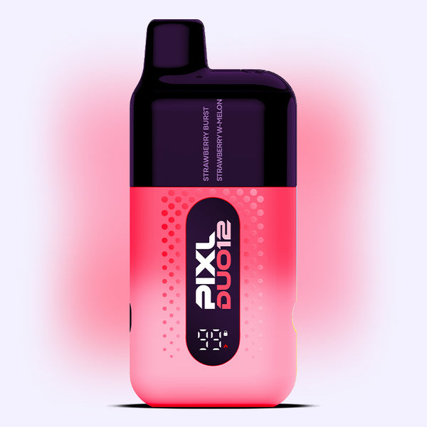 Strawberry Edition PIXL Duo vape kit featuring dual flavors, Strawberry Burst and Strawberry Watermelon. Inhale activated. 6000 puffs.