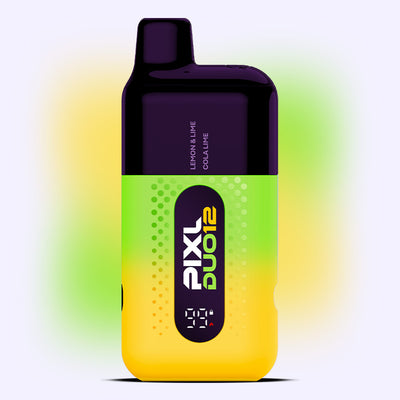 Lime Edition PIXL Duo vape kit displaying dual flavors of Lemon & Lime and Cola Lime with clear battery level display.