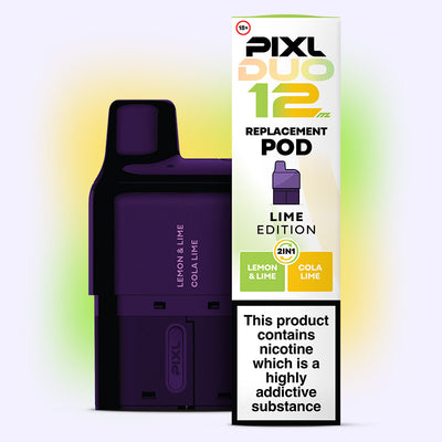 Lime Edition PIXL Duo Pod with flavors Lemon & Lime, Cola Lime. 6000 puffs, dual flavor switch, inhale activated MTL vaping.