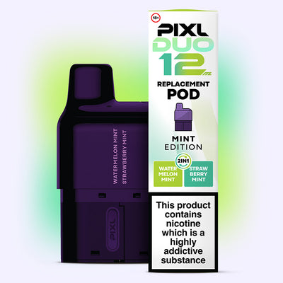 Mint Edition PIXL Duo Pod with Watermelon Mint and Strawberry Mint flavors, 6000 puffs, 2ml eliquid. Dual flavor switch vaping.