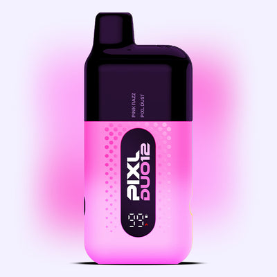 Pink Edition PIXL Duo vape kit featuring dual flavours Pink Razz and PIXL Dust, 6000 puffs, 2ml e-liquid, and MTL vaping style.