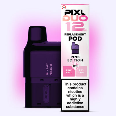Pink Edition PIXL Duo Pod with dual flavours, Pink Razz and PIXL Dust, for MTL vaping, showcasing packaging and pod design.