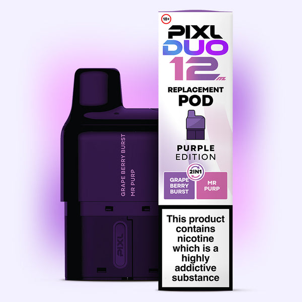 Purple Edition PIXL Duo Pod with Grape Berry Burst and Mr Purp flavors, featuring dual 2ml prefilled tanks for MTL vaping.
