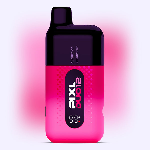 Cherry Edition PIXL Duo vape device with dual cherry flavors, cherry ice, and cherry pop, 6000 puffs, perfect for MTL vaping.