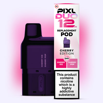 Cherry Edition PIXL Duo Pod with Cherry Ice and Cherry Pop flavors, 6000 puffs, dual flavor switch, and MTL vaping.