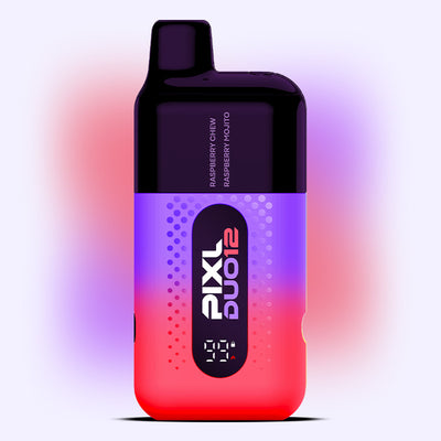 Raspberry Edition PIXL Duo vape kit with Raspberry Chew and Raspberry Mojito flavors, features dual flavor switch and MTL vaping style.