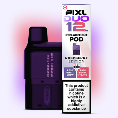Raspberry Edition PIXL Duo Pod with Raspberry Chew and Mojito flavors, 6000 puffs, 2ml e-liquid, dual flavor switch vaping.