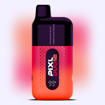 Red Edition PIXL Duo vape kit with strawberry and citrus flavors. Contains dual flavors, 6000 puffs, and a clear battery display.