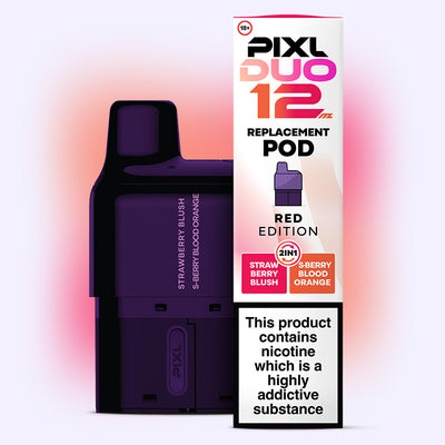 Red Edition PIXL Duo Pod with dual strawberry and citrus flavors, 6000 puffs, 2ml e-liquid, and MTL vaping compatibility.