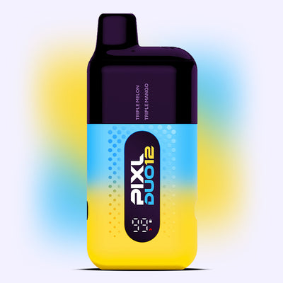 Tropical Edition PIXL Duo vape kit with dual flavors, Triple Melon and Triple Mango, featuring 6000 puffs and inhale activation.