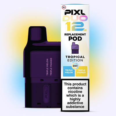 Tropical Edition PIXL Duo Pod with dual flavors Triple Melon and Triple Mango, offering 6000 puffs and dual flavor switch.