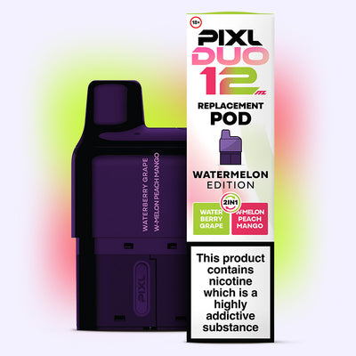 Watermelon Edition PIXL Duo Pod with dual flavour switch, featuring Watermelon-Grape and Watermelon-Peach-Mango, 6000 puffs.