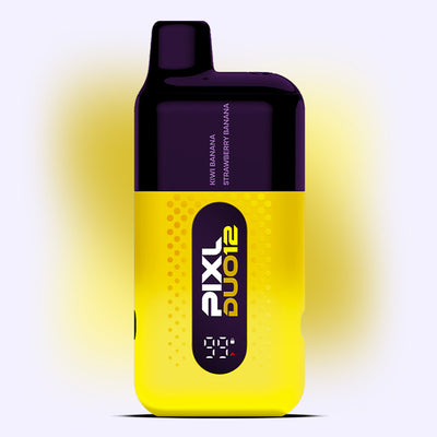 Yellow Edition PIXL Duo vape with dual flavors, 6000 puffs, 2ml e-liquid, and clear battery display. Kiwi Banana or Strawberry Banana.