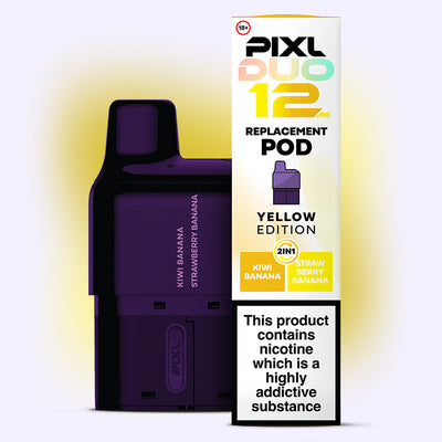 Yellow Edition PIXL Duo Pod with dual flavors: Kiwi Banana and Strawberry Banana, 6000 puffs, MTL vaping, 2ml e-liquid.
