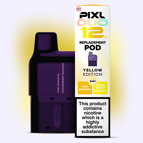 Yellow Edition PIXL Duo Pod with dual flavors: Kiwi Banana and Strawberry Banana, 6000 puffs, MTL vaping, 2ml e-liquid.