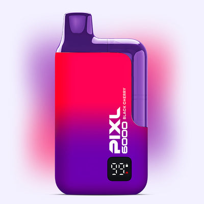 PIXL 6000 Black Cherry disposable vape with 6000 puffs and sleek design, featuring vibrant pink and purple gradient.