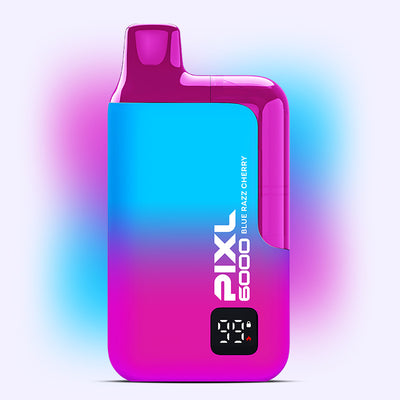 PIXL 6000 Blue Razz Cherry Disposable Vape, featuring bold colors and design, offering 6000 puffs with sweet berry flavors.