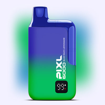 PIXL 6000 Blue Razz Lemonade disposable vape with 6000 puffs, featuring a gradient blue and green design.