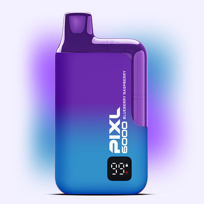 Blueberry Raspberry PIXL 6000 vape displaying vibrant design and digital puff counter.