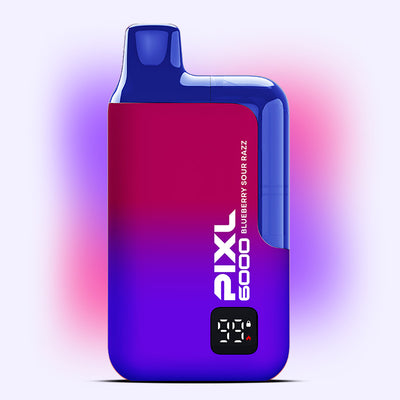 Blueberry Sour Razz PIXL 6000 vape device with purple and red gradient design, offering 6000 puffs of sweet blueberry and sour raspberry flavor.