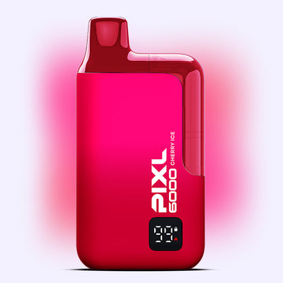 Cherry Ice PIXL 6000 vape, offering 6000 puffs with a blend of cherry and menthol flavors, on a light pink background.