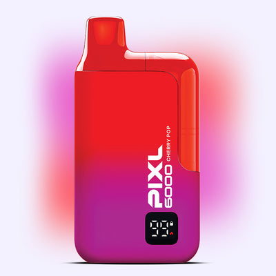 Cherry Pop PIXL 6000 disposable vape with 6000 puffs, featuring vibrant cherry flavor with hints of vanilla and almond, on a gradient background.
