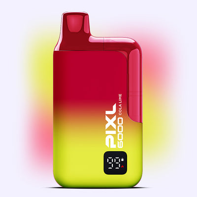 Cola Lime PIXL 6000 vape device with a red and lime gradient design, offering 6000 puffs of cola and lime flavor delight.
