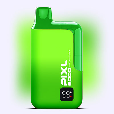 Double Apple PIXL 6000 vape in vibrant green, offering 6000 puffs with a blend of green and red apple flavors for a refreshing experience.