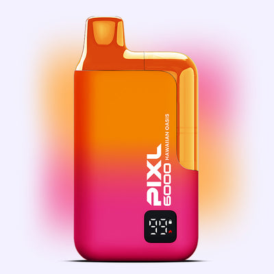 Hawaiian Oasis PIXL 6000 vape in vibrant orange and pink design with 6000 puff capacity for exotic fruit flavors and menthol experience.