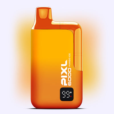 Mango Ice PIXL 6000 vape with tropical mango flavor and 6000 puffs, featuring a sleek design and menthol refreshment.