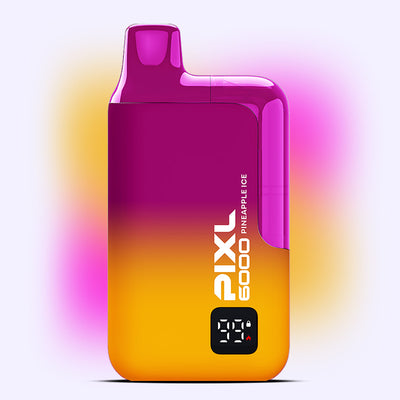 Pineapple Ice PIXL 6000 vape device, offers 6000 puffs of sweet pineapple and icy menthol flavor in vibrant purple and orange design.