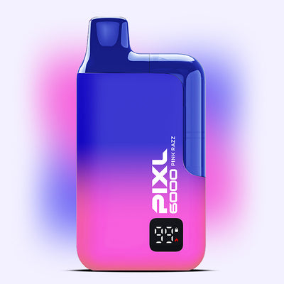 Pink Razz PIXL 6000 vape with gradient design, offering 6000 puffs of raspberry candy flavor, for a long-lasting experience.