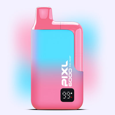 PIXL Dust PIXL 6000 disposable vape, pink and blue, offering sherbet candy flavors, up to 6000 puffs, 2ml and 10ml e-liquid tanks.