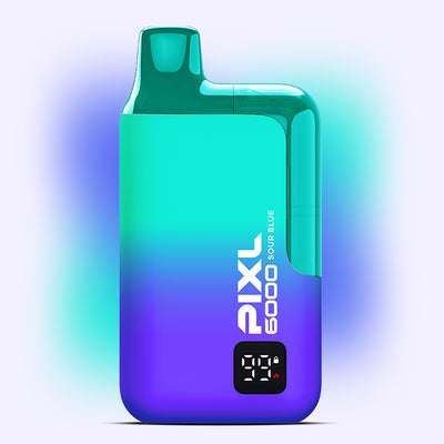 PIXL 6000 Sour Blue Disposable Vape, gradient design, offers 6000 puffs with 2ml and 10ml prefilled tanks for long-lasting use.