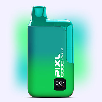 Spearmint PIXL 6000 vape, offering 6000 puffs of invigorating spearmint coolness, shown in a vibrant green design.