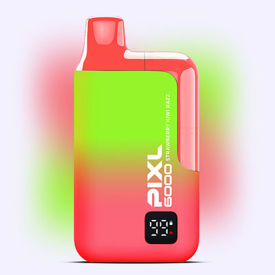 PIXL 6000 Strawberry Kiwi Razz Disposable Vape with 6000 puffs, bright red and green design, digital puff counter.